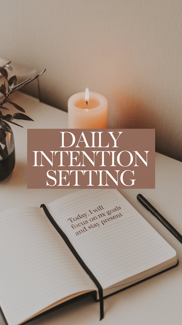 A lit candle, a plant, and an open notebook with a pen on a table. The notebook page reads, Today I will focus on my goals and stay present. Text overlay says Daily Intention Setting.