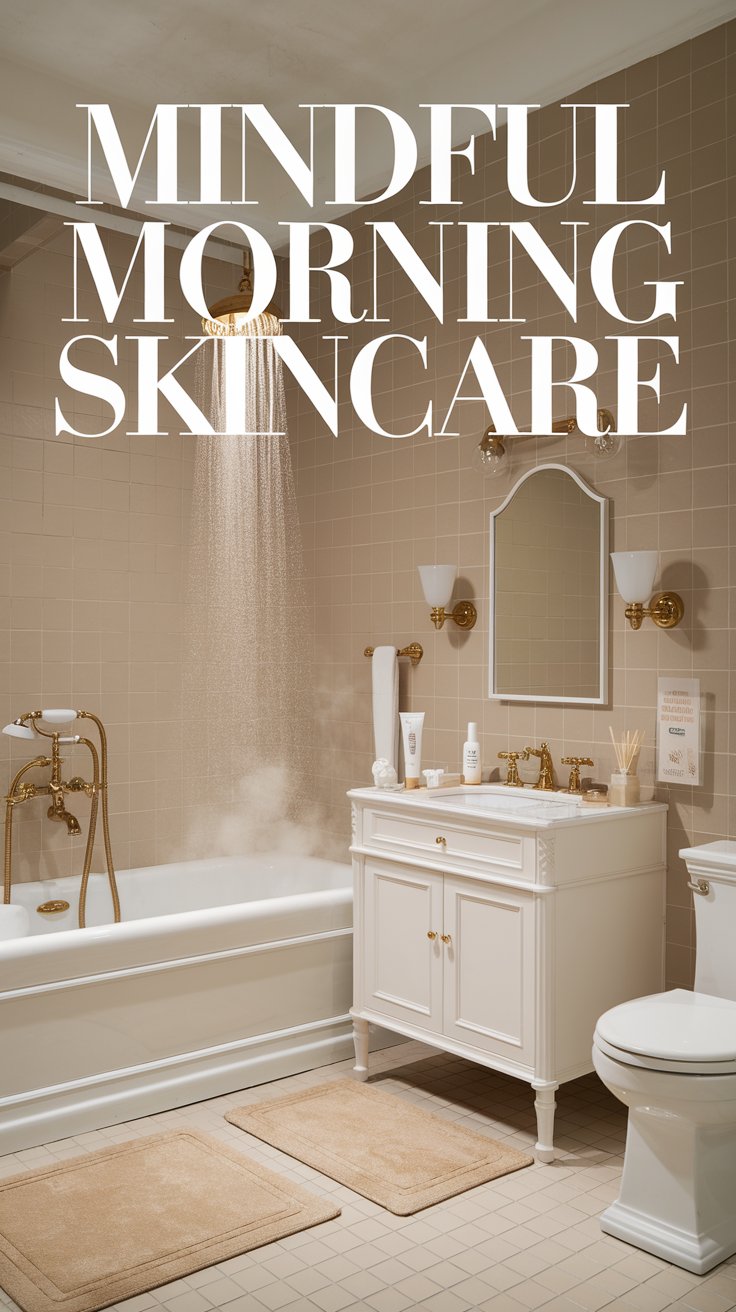 A bathroom with beige tiles features a white vanity, mirror, and toilet. Theres a tub with a gold showerhead, softly flowing water, and neatly arranged skincare products on the counter. Text reads Mindful Morning Skincare.