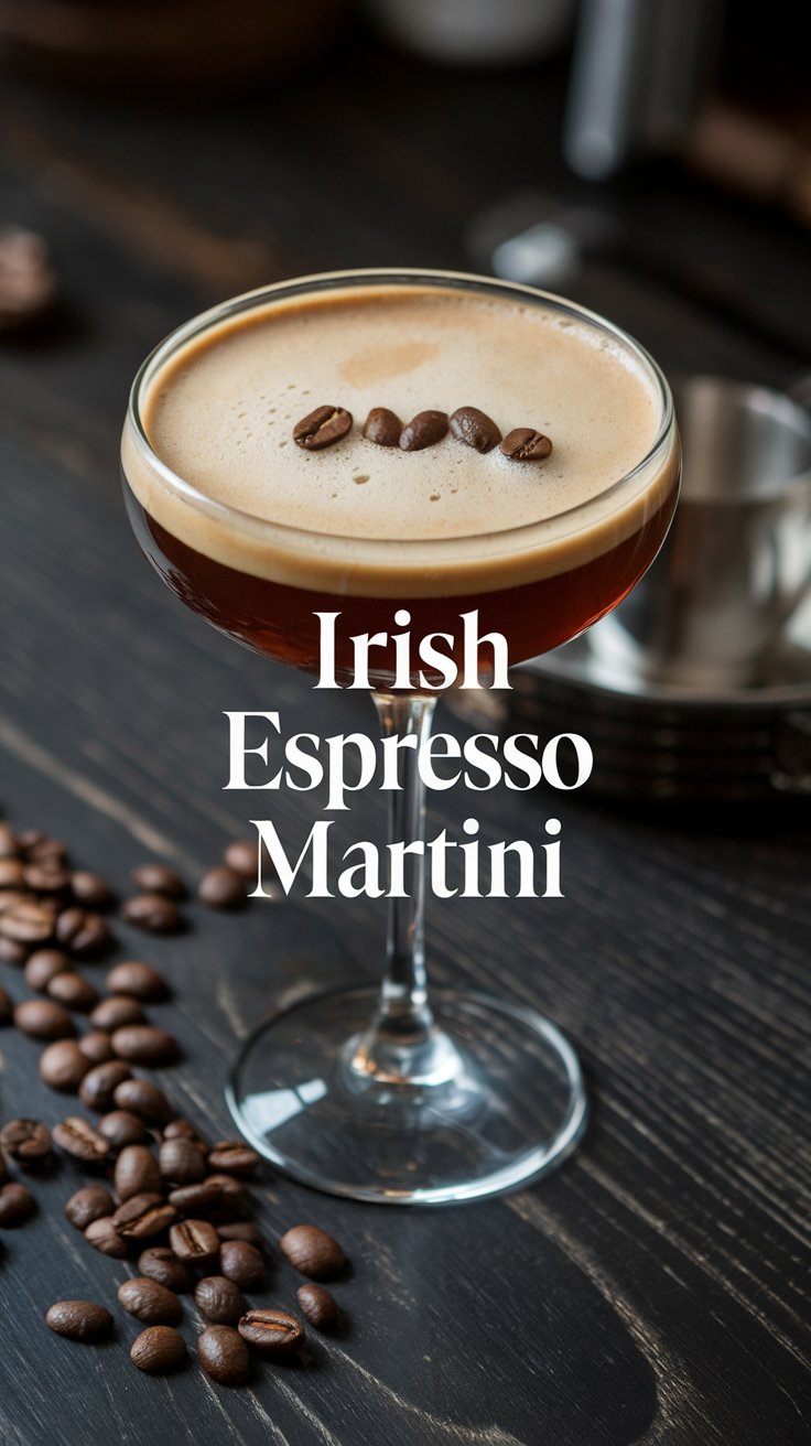 A glass of Irish Espresso Martini on a dark wooden table, garnished with coffee beans on top. More coffee beans are scattered around the table. The text Irish Espresso Martini is overlaid on the image.
