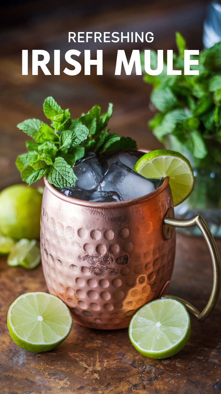 A copper mug filled with ice and mint sprigs, labeled Refreshing Irish Mule. A lime wedge is on the rim, with additional lime halves and mint in the background.