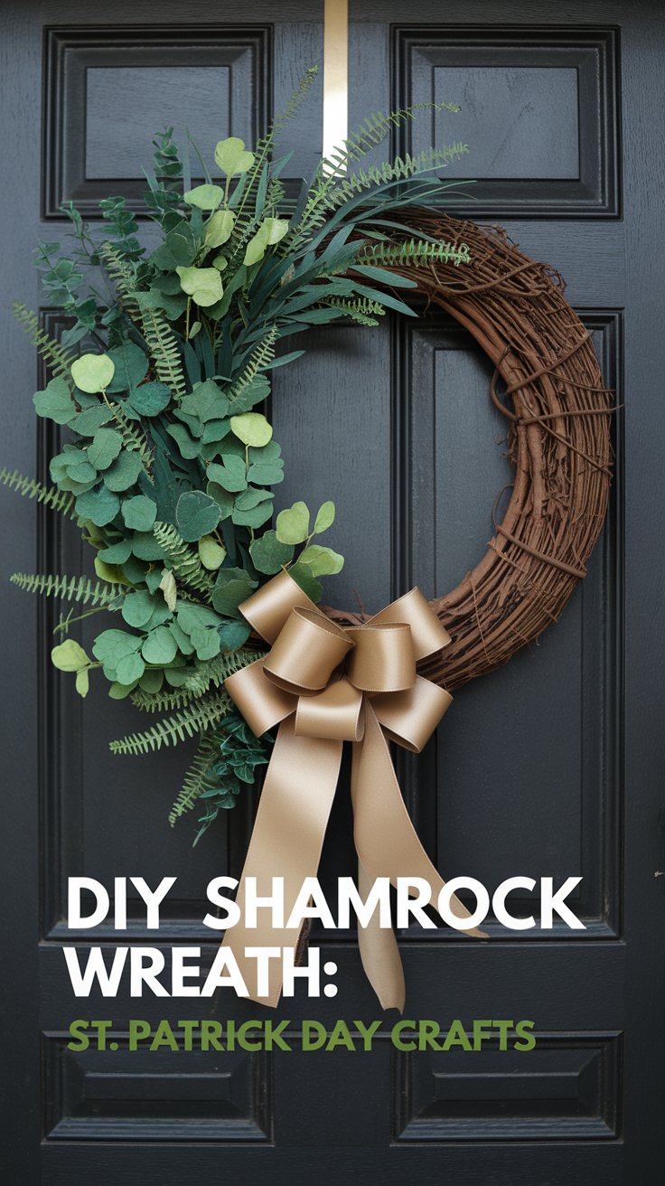 A DIY shamrock wreath is hung on a dark door. The wreath has green foliage including shamrock leaves and a brown grapevine ring. It features a large gold ribbon bow. The text reads, DIY Shamrock Wreath: St. Patrick Day Crafts.