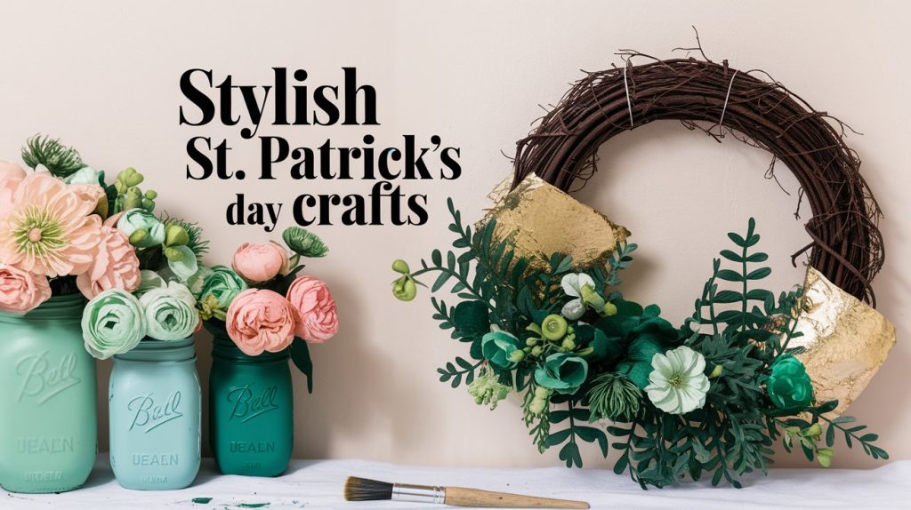 A decorative wreath with green foliage and shamrock embellishments is on display beside painted jars in pastel colors filled with flowers. A brush rests at the bottom. Text reads, Stylish St. Patricks Day crafts.