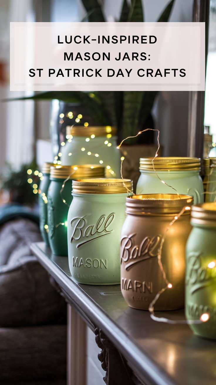 Mason jars painted in shades of green and gold are arranged on a shelf with twinkling string lights. A sign above reads, Luck-Inspired Mason Jars: St Patrick Day Crafts. The jars and lights create a festive atmosphere.