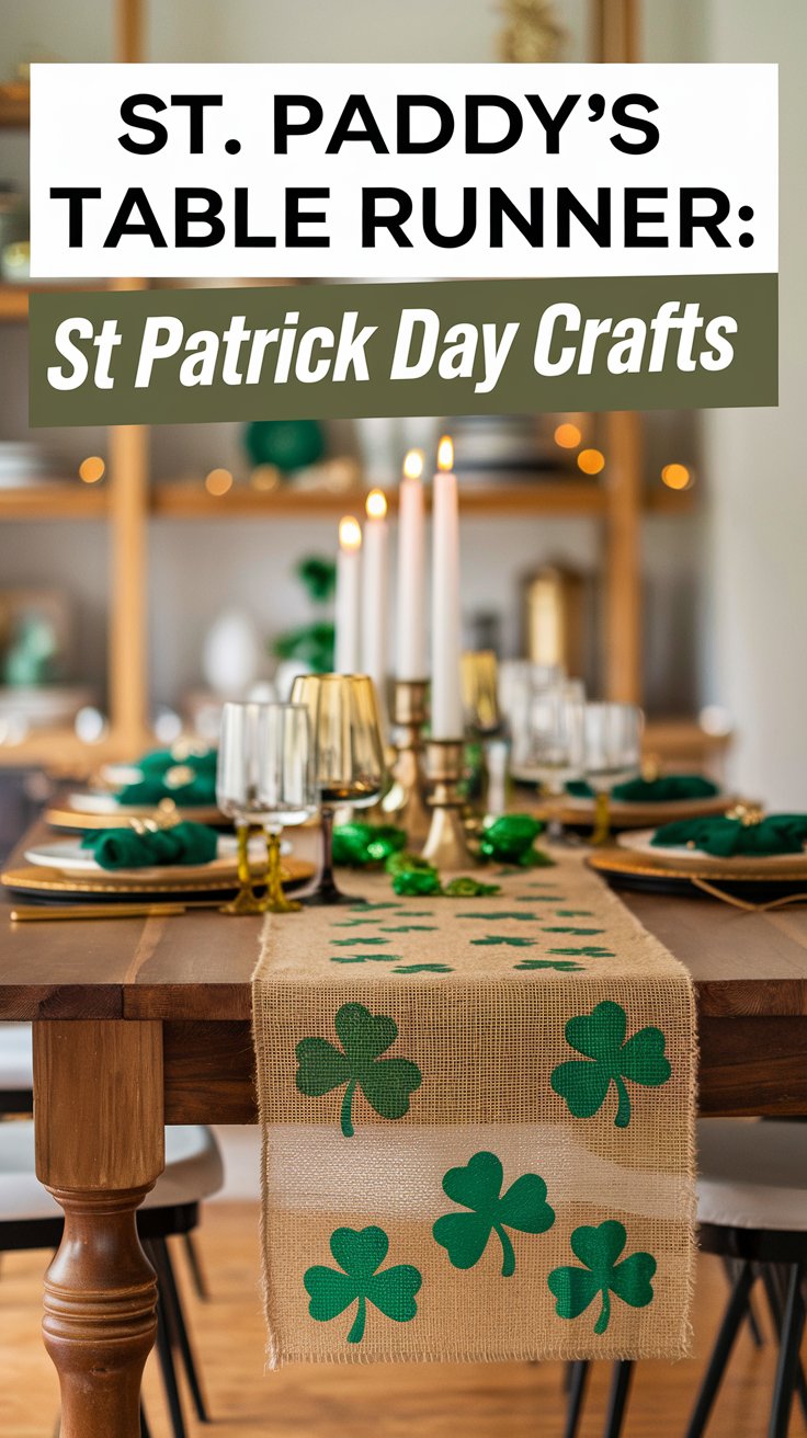 Festive dining table decorated for St. Patricks Day with a burlap table runner featuring green shamrocks. Gold-rimmed glassware, candles, and green-themed tableware are set up in a warmly lit room.