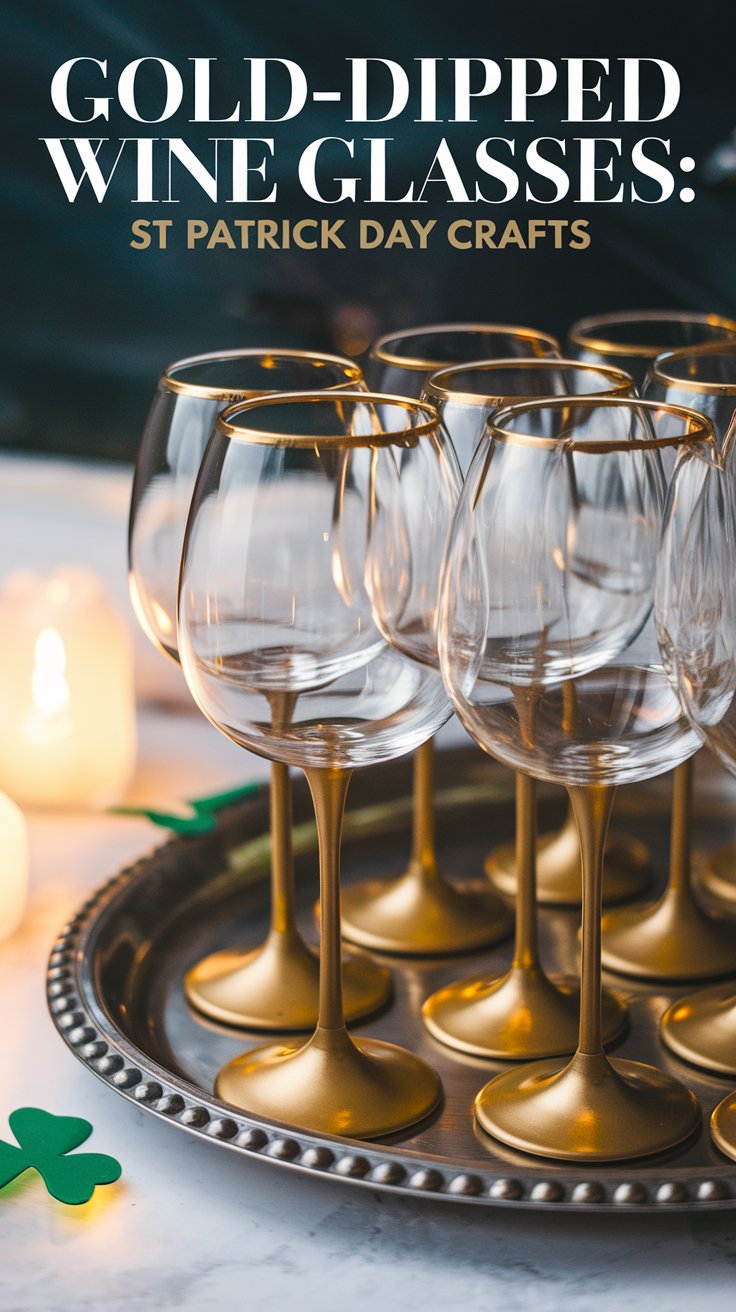 Gold-dipped wine glasses arranged on a silver tray, surrounded by green shamrock decorations and candles. The text reads, Gold-Dipped Wine Glasses: St Patrick Day Crafts.