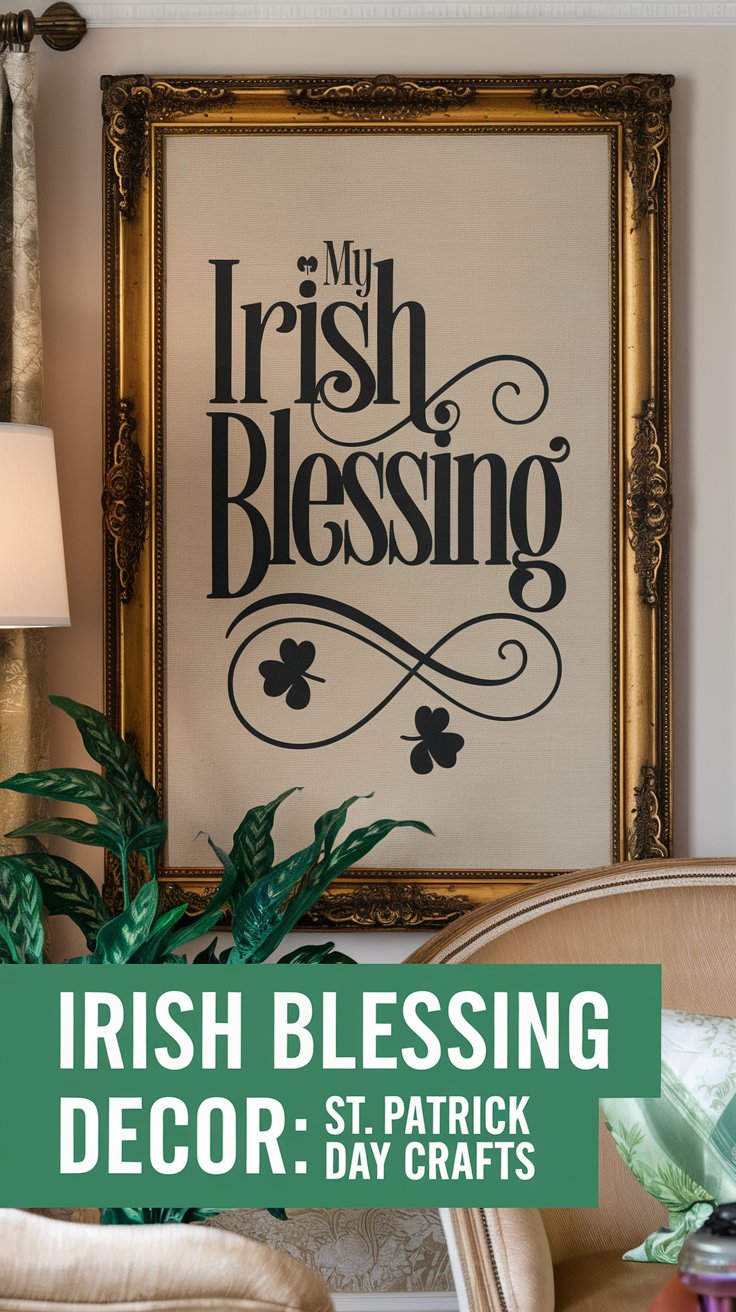 A framed artwork reading My Irish Blessing in ornate lettering hangs on a wall. Below, a banner reads Irish Blessing Decor: St. Patrick Day Crafts amidst green leaves and a lamp.
