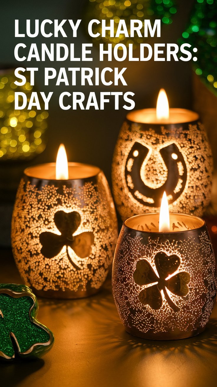 Three candle holders with lit candles feature cut-out designs of a horseshoe and shamrocks, casting light patterns. The background includes green and gold decorations. Text reads Lucky Charm Candle Holders: St Patrick Day Crafts.