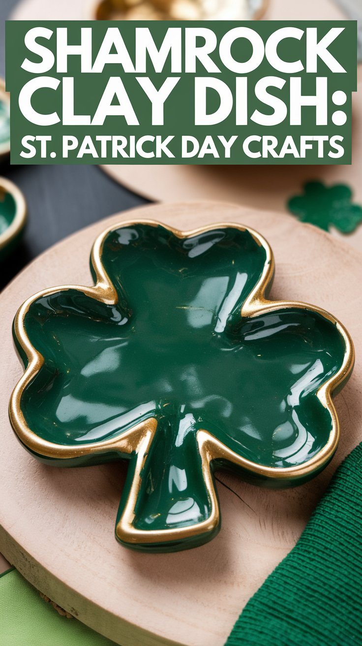 A glossy green shamrock-shaped clay dish with gold edges is displayed on a wooden surface. The text above reads, Shamrock Clay Dish: St. Patrick Day Crafts. A green fabric and a shamrock decoration are nearby.