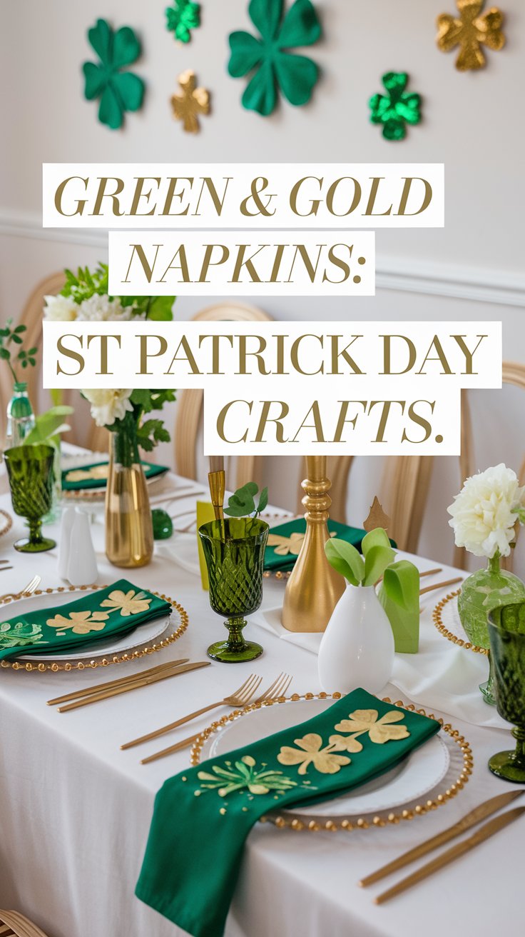 A table decorated for St. Patricks Day with green and gold napkins, gold cutlery, green glasses, and white flowers. The background features green and gold shamrock wall decorations. Text reads: Green & Gold Napkins: St Patrick Day Crafts.