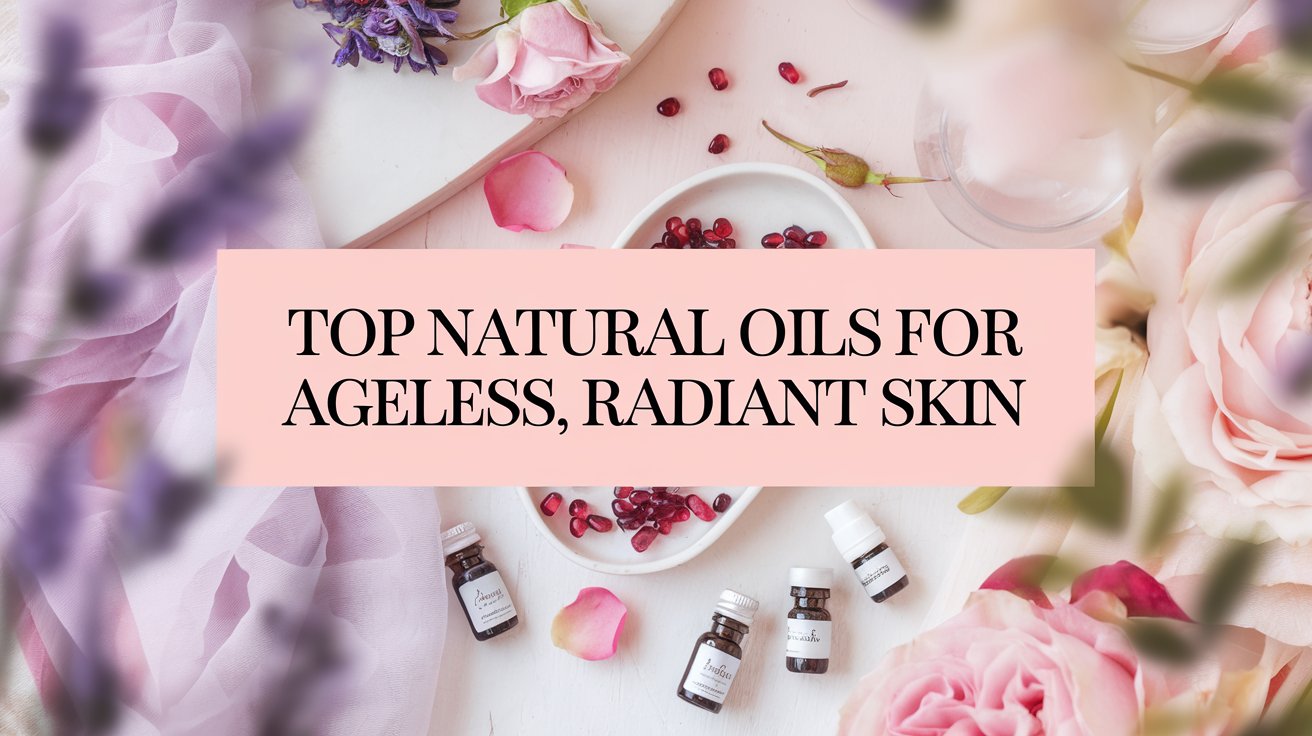 Flat lay of essential oil bottles, pink roses, and loose petals on a white surface. A pink banner reads, Top Natural Oils for Ageless, Radiant Skin.